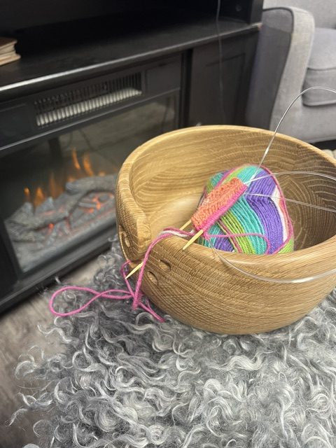 Yarn Bowl with knitted sock inside